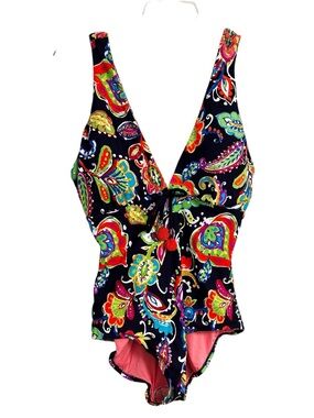Anne Cole Size 14 Navy Paisley Pom Plunge One Piece Bathing Swimsuit NWOT